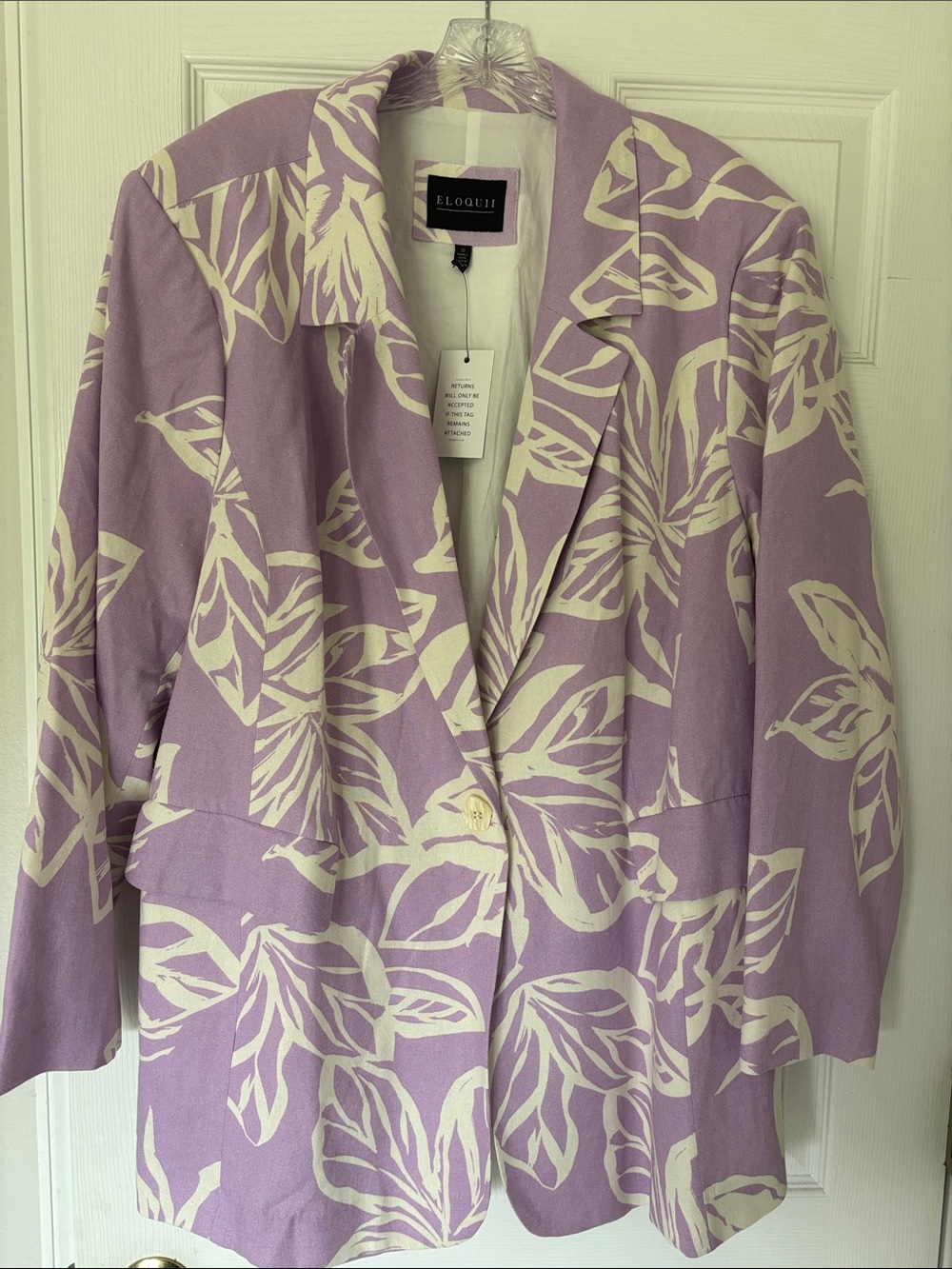 Eloquii Lilac and Ivory Leaf-Print Tailored Blazer